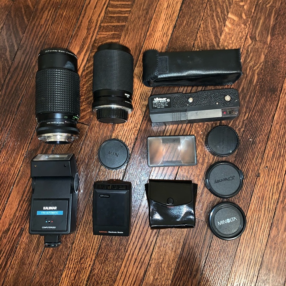 Vintage camera lenses and flashes